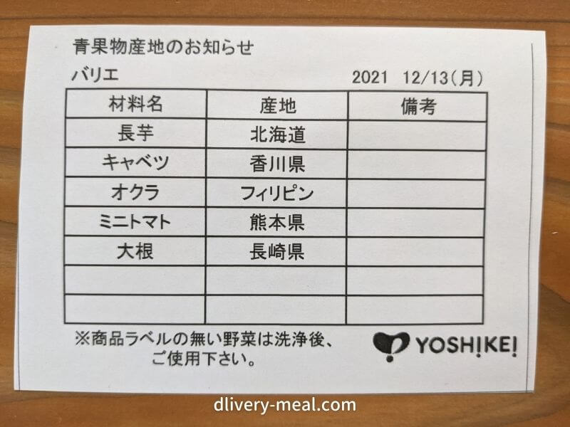 ヨシケイの食材の原産地は付属の小さな紙で確認できる